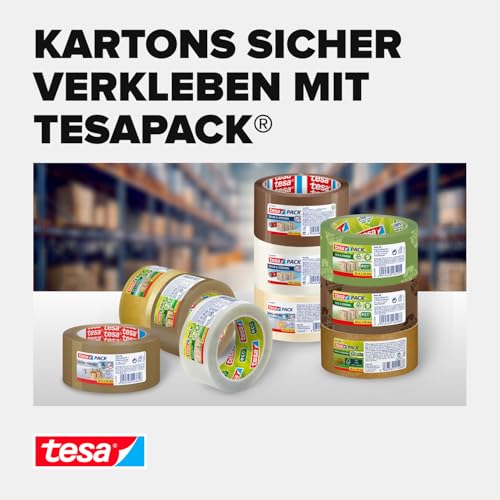 tesa tesapack Eco & Strong - Umweltschonendes Paketband aus 100% recyceltem Kunststoff, UV- und alterungsbeständig - Braun bedruckt - 66 m x 50 mm