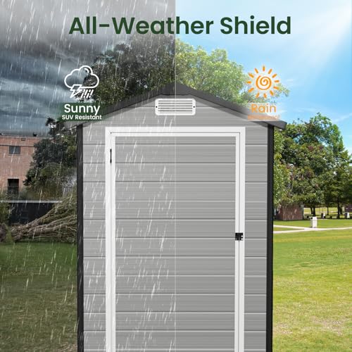 Image of GVDV 4x6FT Outdoor Resin Plastic Storage Shed with Reinforced Floor, All-Weather Plastic Shed with Lockable Door, Window, Waterproof Tool Storage for Backyard, Garden, Patio, Tool Storage