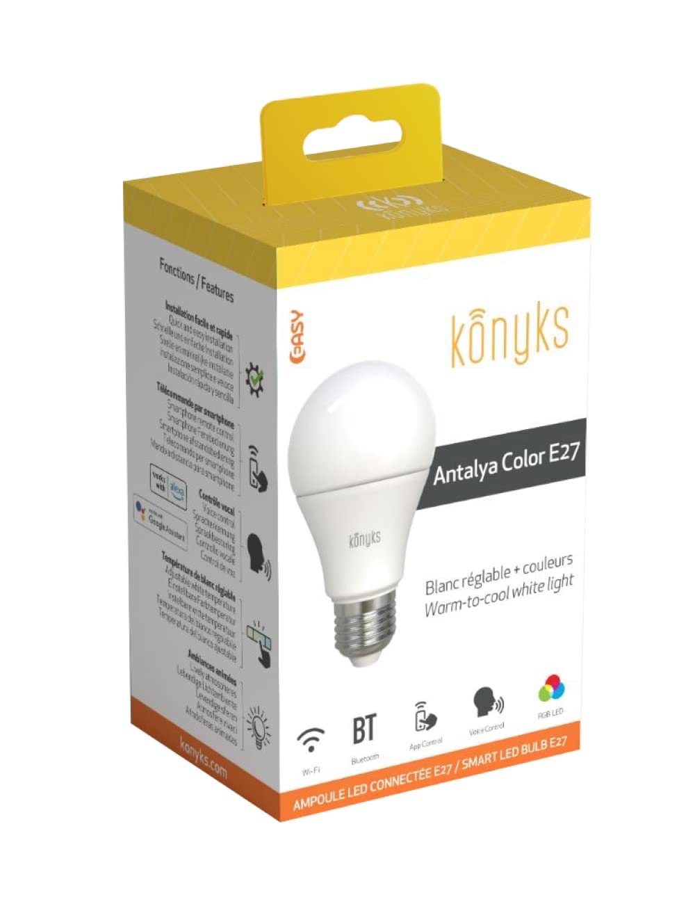 Konyks Antalya Color E27 - LED WiFI + BT, 1055 lumenów, 11 W, kolory + regulowany biały, kompatybilny z Alexa lub Google Home, łatwa automatyzacja