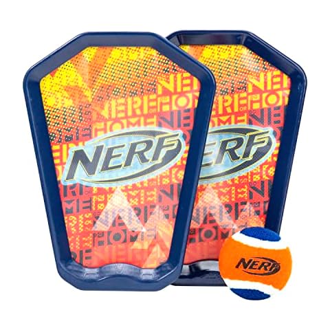 NERF Juego de lanzamiento y captura con paletas + pelota, juego de captura de pelota de tenis con (2) palas autoadhesivas juguete perfecto de playa para niños + juego de juego de patio trasero Cover