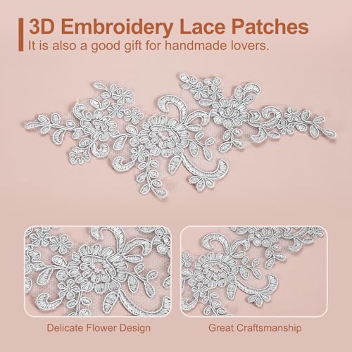 uxcell 2 Pcs Flower Lace Appliques 3D Embroidery Lace Patch Sewing Addition Embellishments for Wedding Bridal Dress Clothes DIY Crafts Accessories Decoration, Silver (23cm)