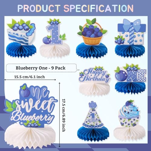 Image of 9pcs Blueberry First Birthday Honeycomb Centerpieces Sweet One Berry Party Table Decorations Blueberry Tabletop Centerpieces for Baby Shower One Birthday Table Topper Sign Decorations
