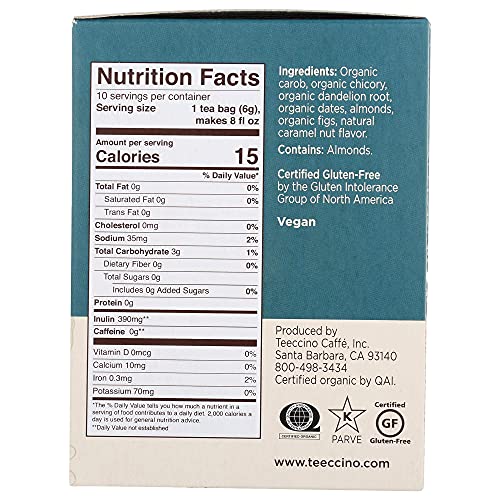 Teeccino Dandelion Root Tea – Caramel Nut – Caffeine Free, Roasted Herbal Tea With Prebiotics, 3X More Herbs Than Regular Tea Bags, Gluten Free - 10 Tea Bags (Pack Of 4) #TOP4