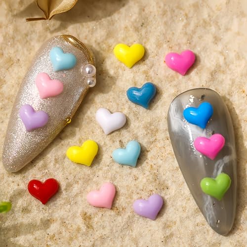 300Pcs 3D Heart Nail Charms Flat Back Heart Nail Rhinestone Resin Hearts Pink Blue Purple Red Mixed Color Mini Hearts Nail Accessories Love Nails Art Charms Nails Supplies for Acrylic Nails Decoration
