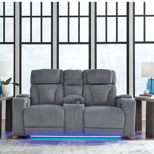 Image of Signature Design by Ashley RiverTest Power Reclining Loveseat with Console, 75 inch W, LED Lights and Easy View Adjustable Headrest, Performance Fabric, Home Theater Seating, Steel Gray
