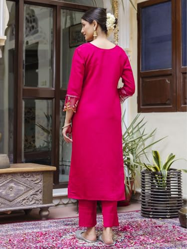 Image of VredeVogel Kurta Set with Dupatta | Viscose Roman Silk Embroidered Kurta Set for Women | Women's Ethnic Casual Kurti Set |Kurta Pant Festive Suit