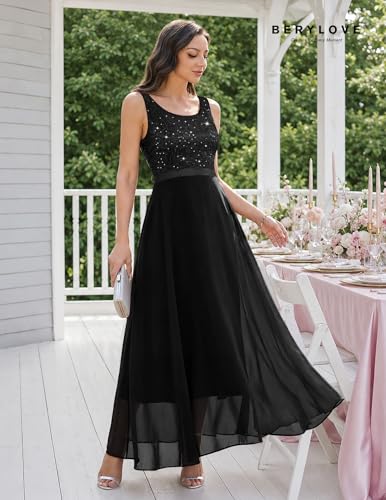 Image of BeryLove Sequin Dress for Woman Vintage A Line Wedding Formal Swing Mesh Dress Sleeveless Cocktail Maxi Gowns
