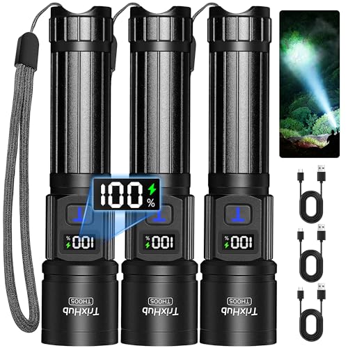 Image of TrixHub Rechargeable Flashlights 3 Pack, Super Bright High Lumens Flash Light, 5 Modes Zoomable Linternas with LCD Digital Display, Powerful Handheld LED Flashlights for Home Emergencies Camping