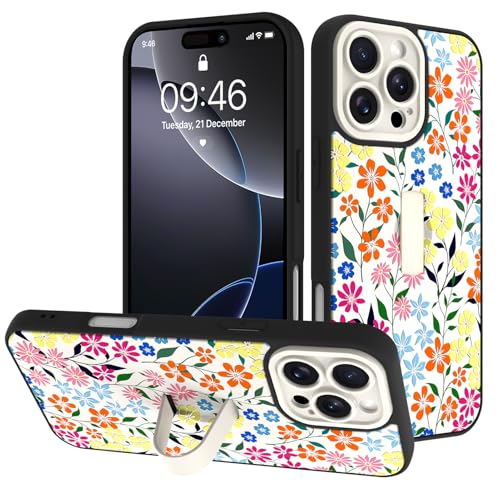 Image of for iPhone 16 Pro Case with Finger Strap Holder, Cute Colorful Floral Flower Print Pattern Design for Women Girls, Shockproof Anti Scratch Hand Kickstand Protective Cover, White