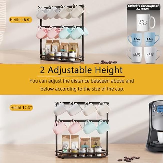 Coffee Mug Holder with Movable Hooks,16 Capacity Coffee Cup Holder for Countertop, Metal Mug Tree Holder Rack with Storage Base,Home Storage Mug Organizer adjustable Heights (Black)
