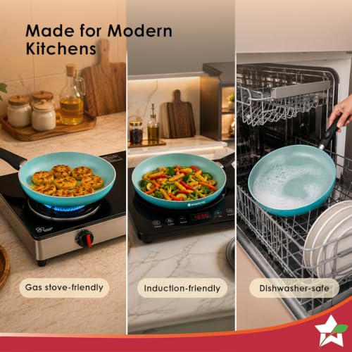 Image of Wonderchef Vitalife Non-Stick Fry Pan for Kitchen, 24cm, 1.5 L, Non-Toxic Coating, PFOA-Free, Cool-Touch Handles, Scratch-Resistant, Gas & Induction Compatible, 2-Yr Warranty, Teal Green