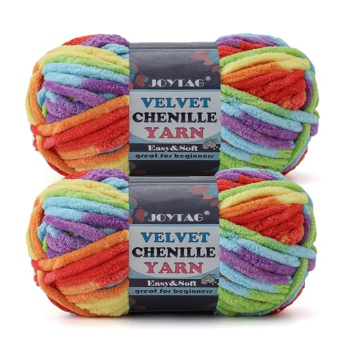 Image of 2 Pack Chunky Chenille Yarn for Crocheting and Knitting Beginners,Thick Bulky Plush Fluffy Velvet Soft Baby Blanket Crochet Chenille Yarn for Crocheting Blankets /Amigurumi /DIY Crafts(Bright Rainbow