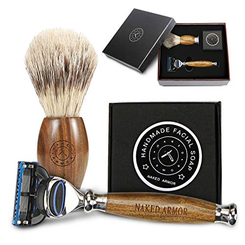 Luxury Wet Shaving Kit - Elegant Sandalwood 5 Blade Razor, Replaceable Head Razor + Badger-Friendly Shave Brush + Organic Shave Soap, Great Beginner Shaving Kit for Men, Men Shaving Kit, Awesome Gift