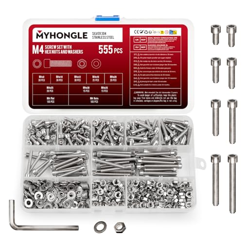 Lot de 555 vis cylindriques M4 en acier inoxydable avec vis à six pans creux avec rondelles - Assortiment de vis à tête hexagonale - Assortiment de vis filetées