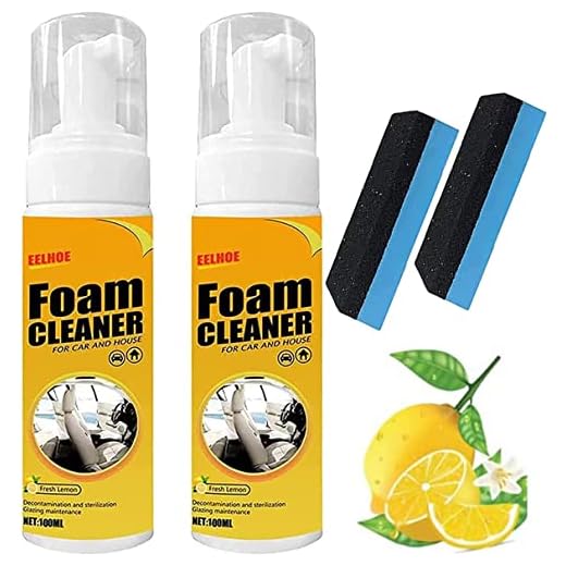 Foam Cleaner For Car, Spray Foam Cleaner, Car Seat Upholstery Power Stain Remover, Foam Cleaner, Upholstery Lemon Foam Cleaner, Multipurpose Cleaner, For Car & Home Kitchen 2PC (200ml+2 Sponges)