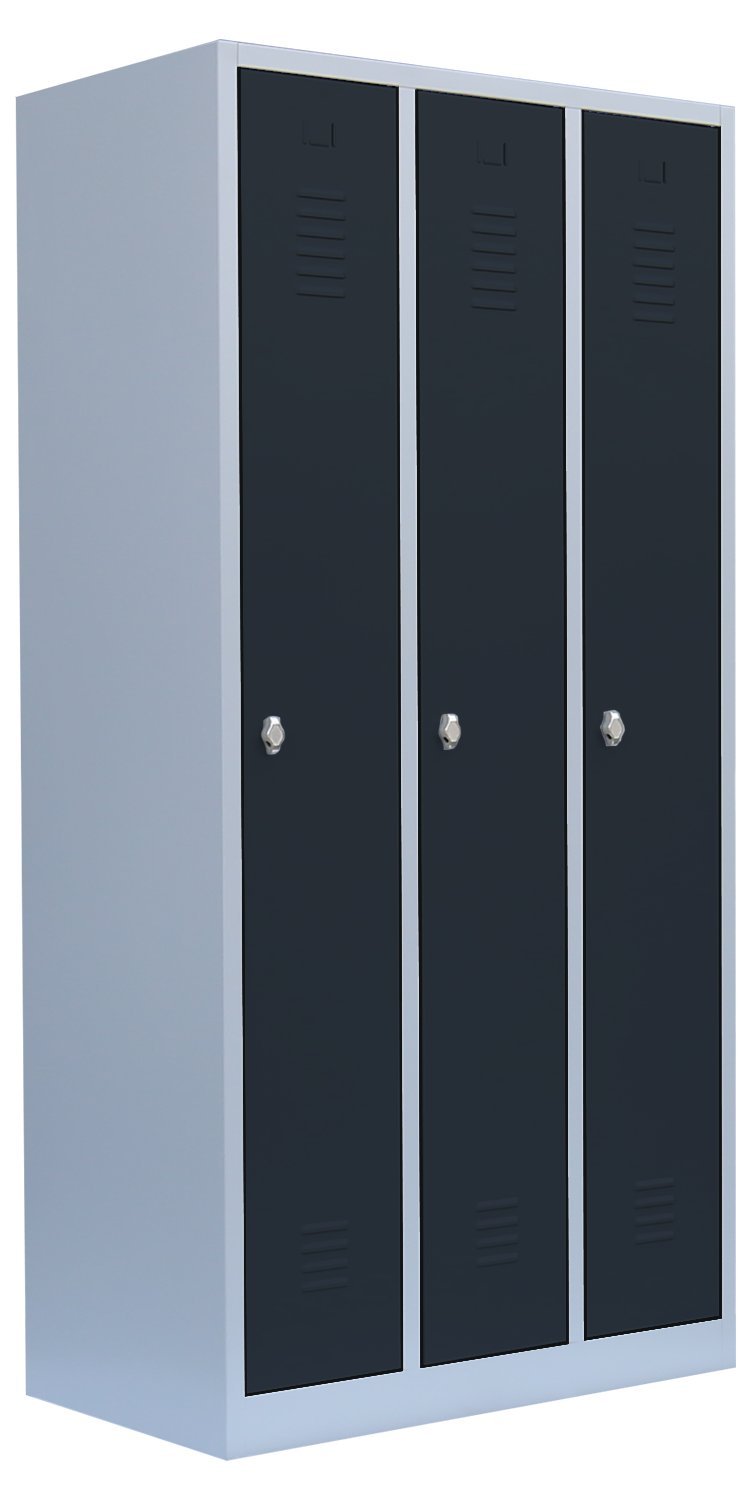 Lüllmann 3er Spind Spint komplett montiert 1800 x 870 x 500 mm Umkleide Stahl Kleiderspind Gaderobenschrank (RAL 7035/7016 lichtgrau/anthrazit)
