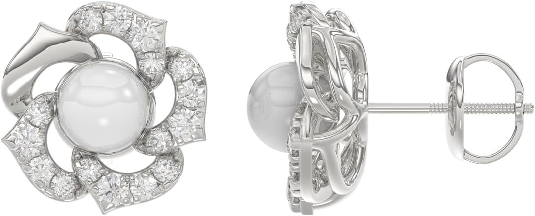 14K White Gold Floral Single Bloom Ladies Stud Earrings with 0.25 CT Round Lab-Grown Diamonds and 4.5 mm Pearl (Color F–G, Clarity VS1–VS2) - Image 2