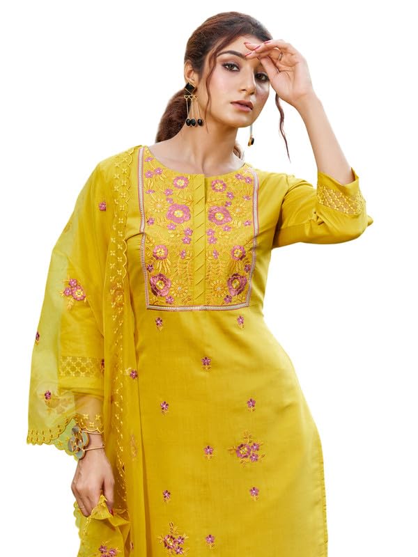 Image of INDO ERA Women's Silk Blend Straight Kurta and Pant with Dupatta Set