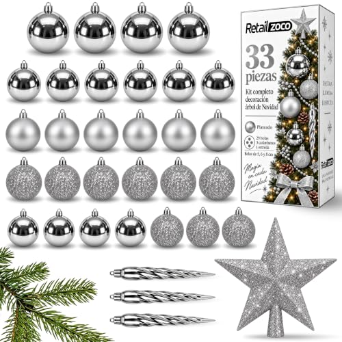 Bolas de Navidad, Adornos Arbol Navidad, 33 Piezas, Plateado