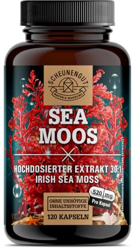 Sea Moss Kapseln aus Irish Moss - WICHTIG: Hochdosierter Extrakt 30:1 (31200mg Knorpeltang je Dosis) -Original aus Wildsammlung- 120 Stk Sea Moss I Laborgeprüft DE SCHEUNENGUT®