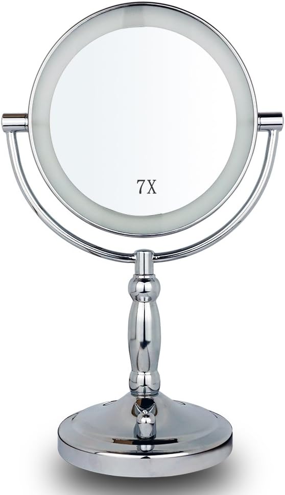 7X Magnifying Illuminated Makeup Mirror, LED Vanity Mirror with Light Adjustable Switch, 7-inch Oval Double-Sided Lighted Mirrors for Bathroom, Bedroom, Tabletop, Desktop