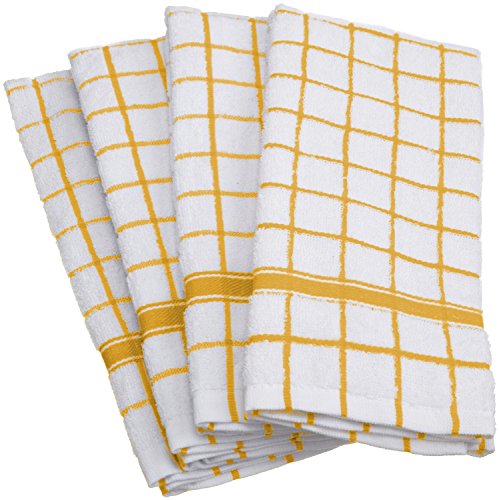 DII Cotton Terry Windowpane Dish Towels, 16 x 26 Set of 4, Machine Washable and Ultra Absorbent Kitchen Bar Towels-Mustard
