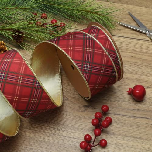 LaRibbons Red Tartan Plaid Wired Christmas Ribbon, Gold Metallic Back by LaRibbons - Used condition - Image 4