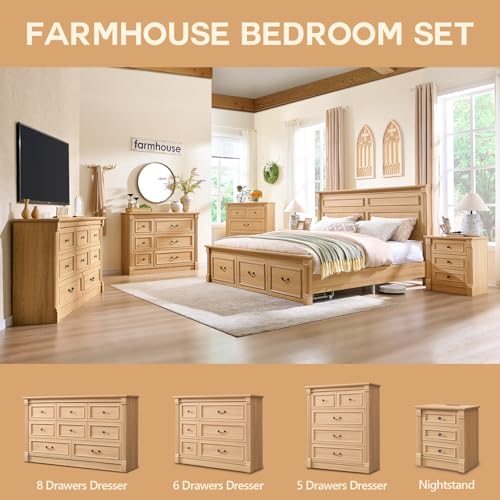 Image of 5 Drawers Dresser for Bedroom, Farmhouse 46 inch Tall Dressers & Chests of Drawers w /Roman Column, Wood Rustic Closet Dresser w /Two Different Drawer Sizes for Bedroom, Living Room, Natrual