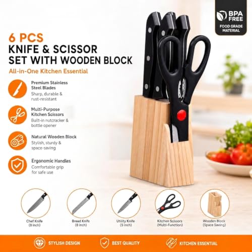 Image of 5-Piece Kitchen Knife Set with Wooden Block - Includes 4 Stainless Steel Kitchen Knives and Multi-Purpose Scissors with Hardwood Storage Stand (4 Knife Set + 1 Scissor + 1 Wooden Case)