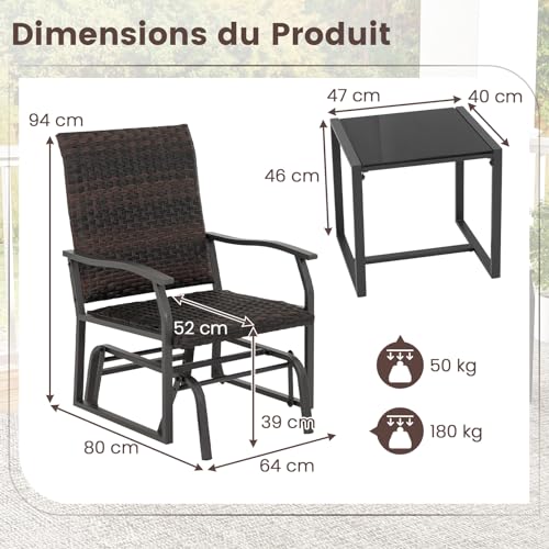 GYMAX Salon de Jardin Extérieur 2 Personnes en Rotin, 2 Chaise de Relaxation à Bascule, Table Basse en Verre Trempé, Cadre Robuste en Métal, Mobilier de Jardin pour Porche, Patio, Terrasse, Balcon – Image 6