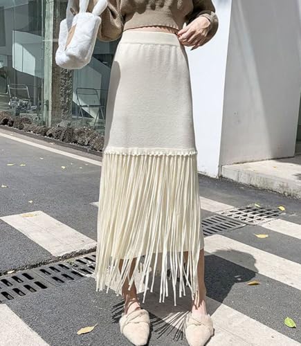 chouyatou Women's Winter Thick Knit Skirt Fringe Hem Package Hip Elastic Waist Knitted Midi Long Skirt2