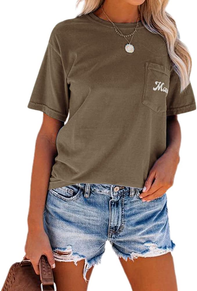 NIUBIA Women's Letter Print Basic Crew Neck Tee Summer Short Sleeve T-Shirt with Pockets Loose Fitting Tops - Image 2