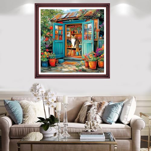 Image of Redxing Stamped Cross Stitch Kits Full Range of Embroidery Starter Kits- Needlepoint Counted Cross Stitch Kits for Beginner Adults 11CT Printed Embroidery Kit-Cat Flower Home 18x18 inch