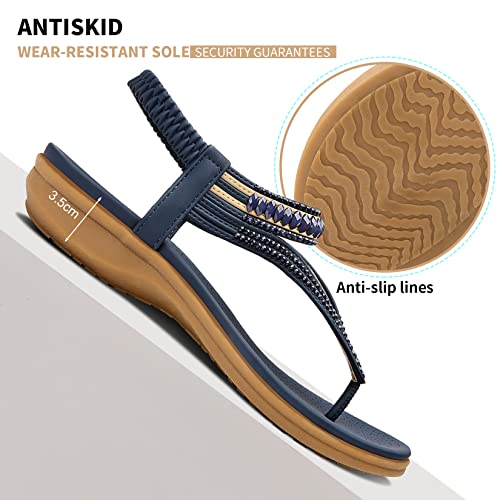 Littleplum Women's Summer Sandals Casual Comfortable Flip Flops Beach Shoes Ankle T-Strap Thong Elastic Flat Sandals For Women Blue Size 8 #TOP5