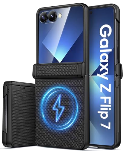 Vihibii for Samsung Galaxy Z Flip 7 Slim Case, [Compatible with MagSafe], Hinge Protection & Outer Screen Protector & Non-Slip Texture, Shockproof Rugged Phone Cover for Samsung Flip 7 2025, Black
