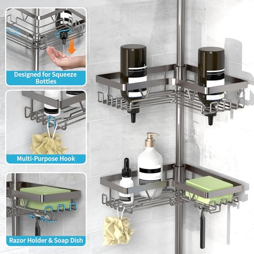 Image of KEGII Corner Shower Caddy Tension Pole with Soap Dish & Razor Holder, Adjustable Bathroom Organizer with Hooks, 25-114.2 Inch Rustproof Storage Shelf for Renters & Apartments, Gunmetal Gray
