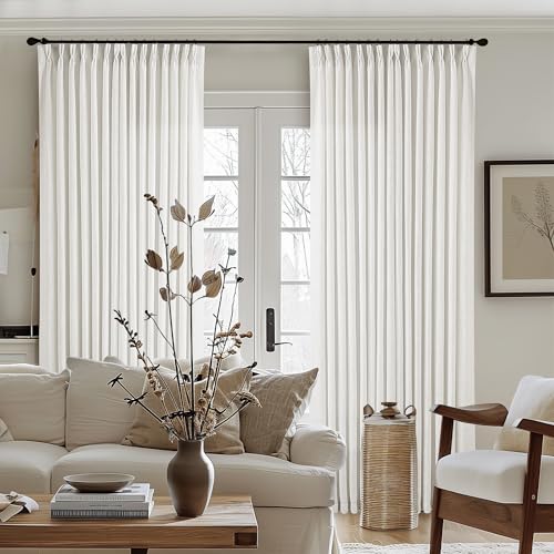 Image of Ivory White Extra Wide Pinch Pleat Linen Curtains 84 Inches Long for Living Room Sliding Glass Door 100 Inch Wide Curtain Memory Trained Pleated Drape with Hooks Rings 100x84 Large Window Curtain