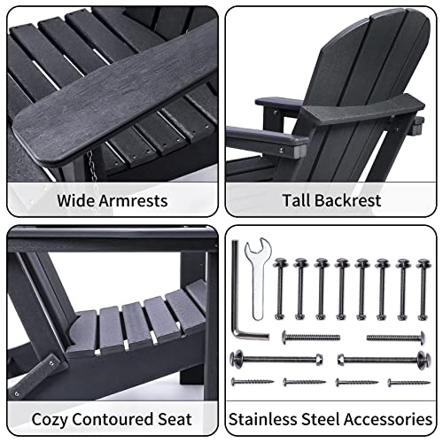 Classic Folding Adirondack Chair, Pre-Assembled Outdoor Chairs, Poly Lumber Weather Resistant Plastic Patio Chair, Perfect For Pool, Deck, Backyard, Garden, Fire Pit Seating, Black #TOP2