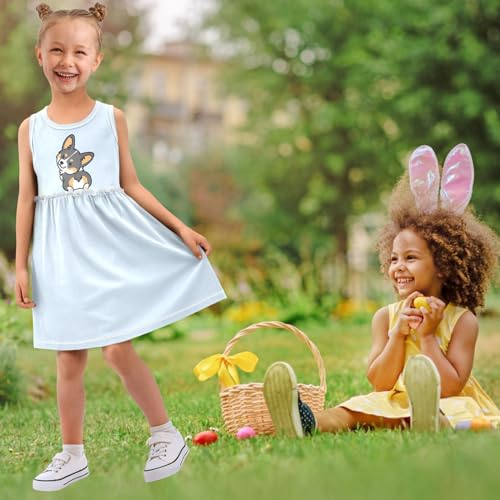 Girl Sleeveless Dress Summer Tank Play Dress Outfit Cute Tricolor Corgi Dog Wink Back 2T-8T4