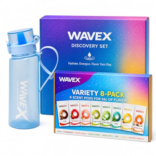 Image of WaveX Scented Water Bottle + 8 Aroma Scent Pods (Cola, Strawberry, Honey Peach, Energy Drink, Green Apple, Mint, Lemon, Orange Vanilla), Flip Top Lid, Straw & Carry Strap Included (Crystal Clear Blue)