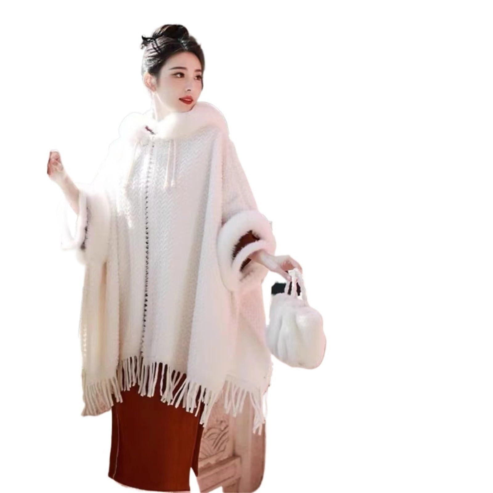 Poncho Donna Poncho Invernale Caldo e Spesso, Mantello di Velluto da Donna, Soprabito con Nappe pelose, Collo in Pelliccia Sintetica