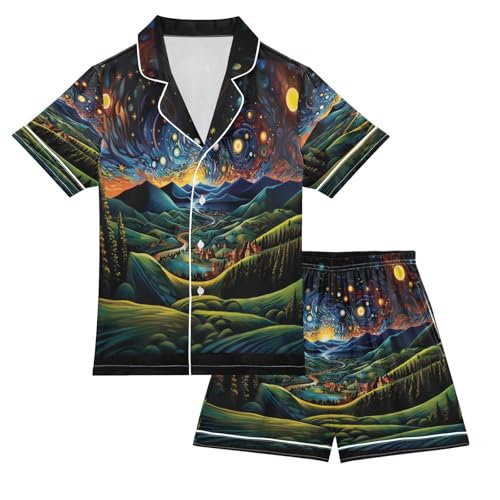 ALAZA Mountain Landscape Starry Night Satin Pajamas Set Short Sleeve Button Down Sleepwear Summer Pjs 2 Piece