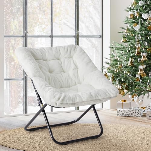 Image of Simple Deluxe Oversized Square Moon Chair for Adults, Soft Faux Fur Folding Lounge Chair with Sturdy Steel Frame, Comfortable Reading Gaming Chair for Living Room, Bedroom, White