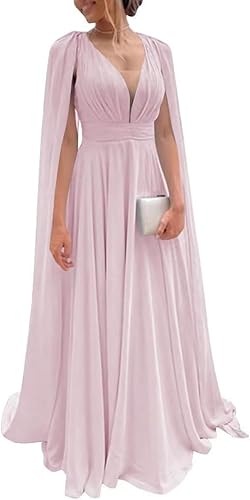CRIEBDK Chiffon Bridesmaid Dress for Women Cape Sleeve V-Neck Formal Evening Gowns with Pocket LBC020