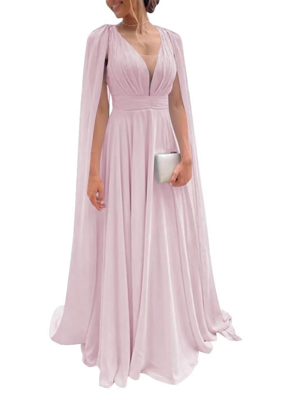 Chiffon Bridesmaid Dress for Women Cape Sleeve V-Neck Formal Evening Gowns with Pocket LBC020