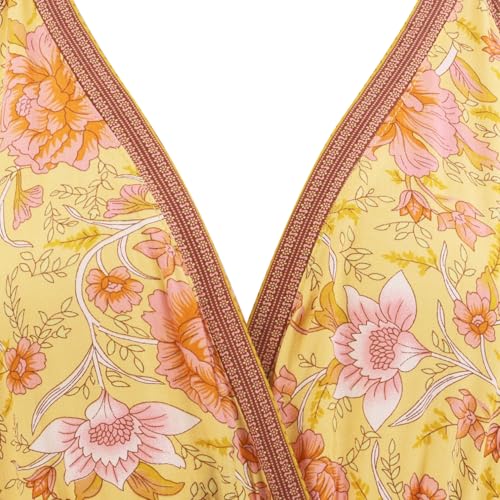 Image of R.Vivimos Women's Summer V Neck Maxi Dress Boho Floral Print Short Sleeve Elastic Waist Ruffle Patchwork A-Line Beach Dress