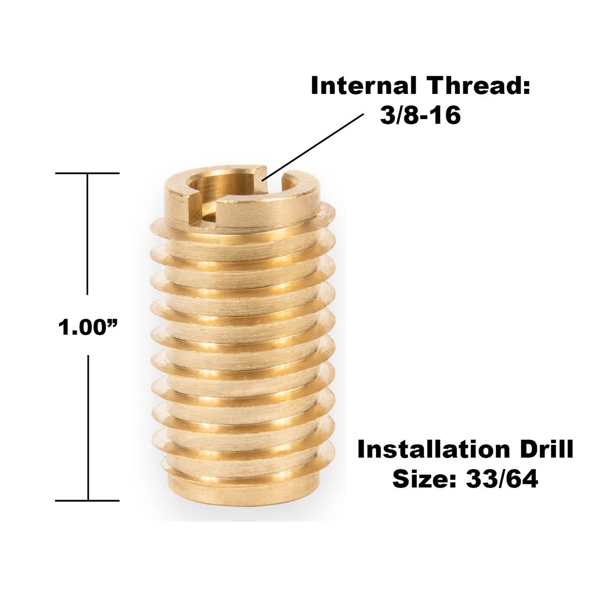 E-Z LOK Brass 3/8-16 Internal Threads, 1.00" Length Wood Threaded Inserts, 6 Pieces, Installation Kit