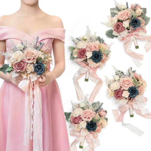 TINGE TIME 7 Inch Artificial Flowers Wedding Bouquets for Bridesmaid,
