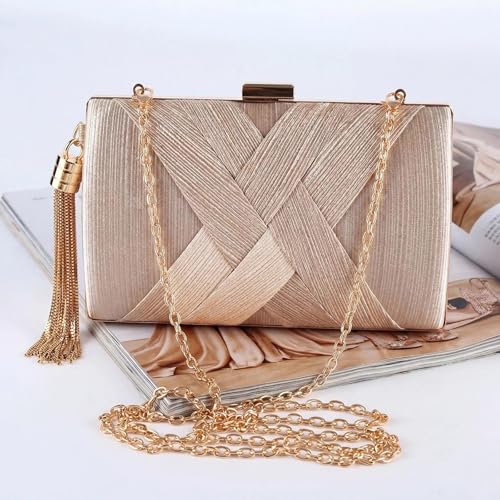 Elegancka złota clutch wieczorowa, mała torebka satynowa beż z odczepianym łańcuszkiem, złota torebka łańcuszkowa na wesele, imprezę, galę, jako kopertówka lub crossbody