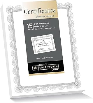 Southworth Premium Certificates, 8.5 X 11, White/Silver with Fleur Silver Foil Border,15/Pack